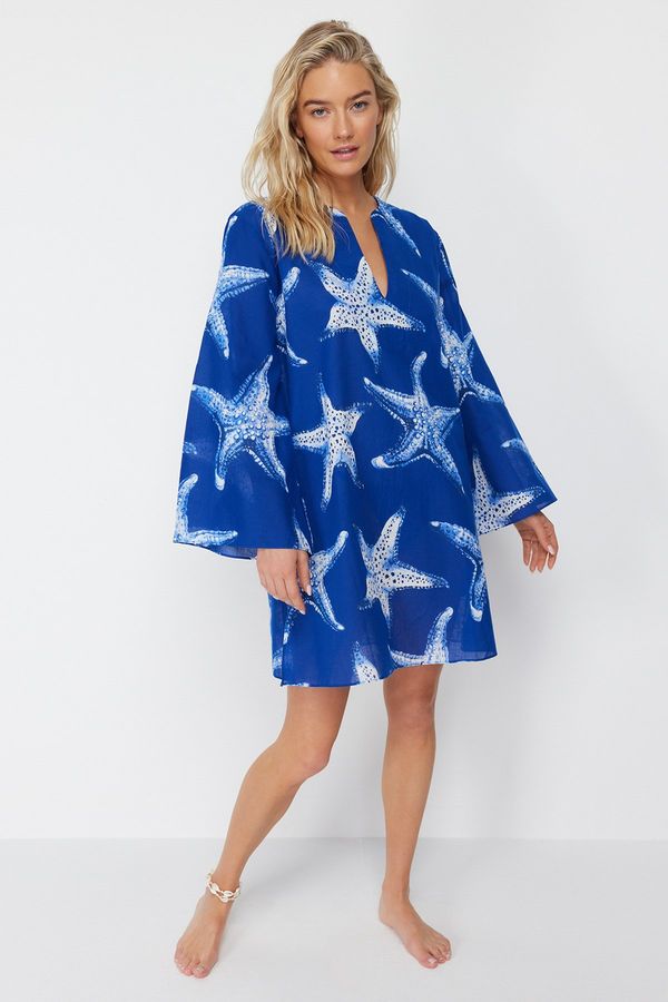 Trendyol Trendyol Underwater Patterned Wide Fit Maxi Woven 100% Cotton Beach Dress