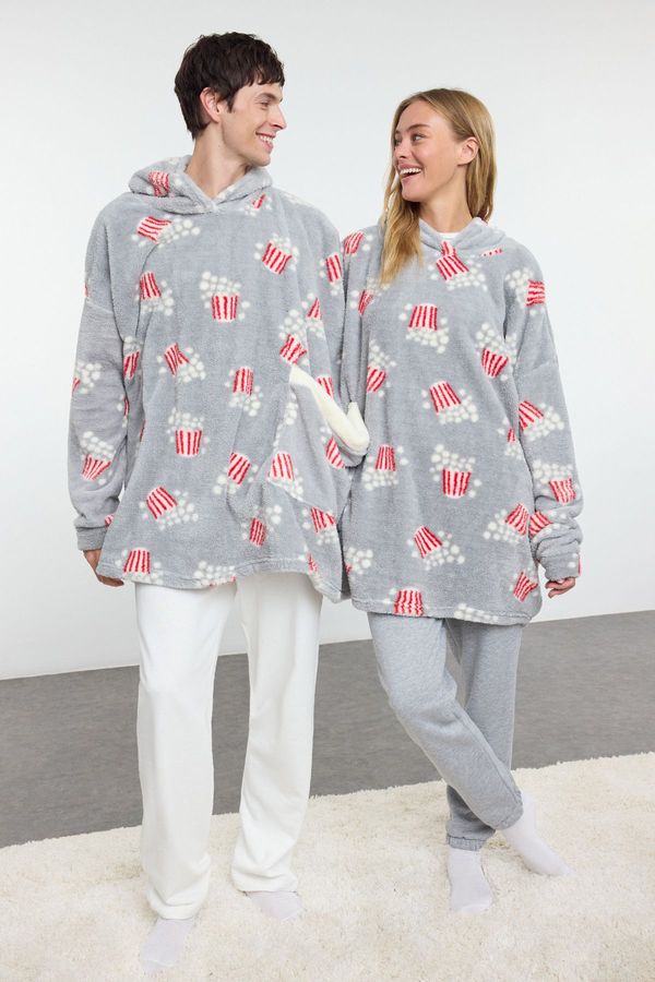 Trendyol Trendyol Unisex Couple/Pair Gray Printed Wellsoft Winter Knitted Dressing Gown