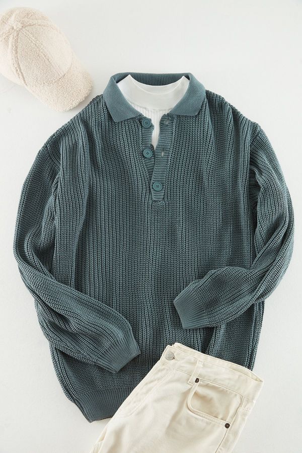 Trendyol Trendyol Unisex Oil Oversize Fit Wide Fit Polo Collar Non-Pilling Basic Knitwear Sweater