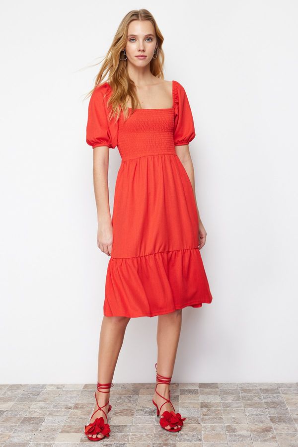 Trendyol Trendyol Vivid Red Gipel Waist Opening Square Collar Balloon Sleeve Midi Crepe Knit Dress