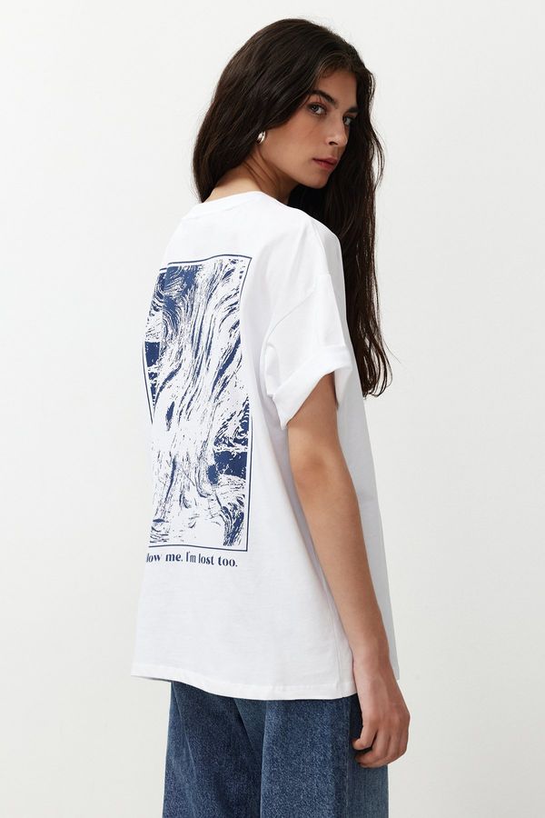 Trendyol Trendyol White 100% Cotton Back and Front Printed Oversize/Casual Fit Knitted T-Shirt