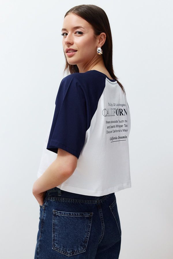 Trendyol Trendyol White 100% Cotton Color Block Slogan Printed Relaxed Crop Knitted T-Shirt