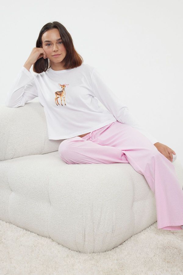 Trendyol Trendyol White 100% Cotton Deer Printed Ribbon/Bow Detailed Knitted Pajama Set