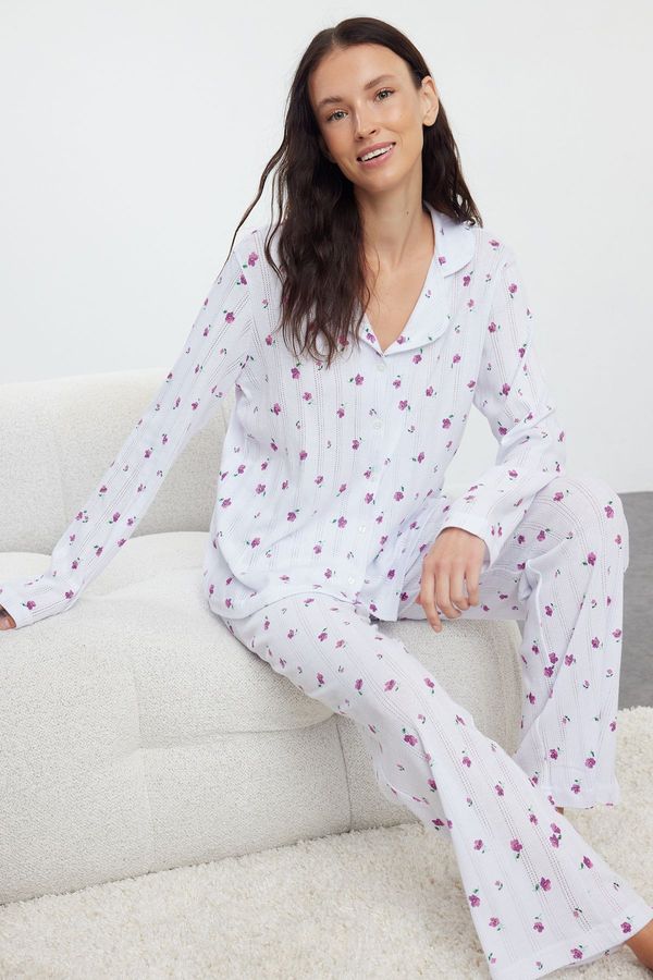 Trendyol Trendyol White 100% Cotton Floral Openwork/Hole Ribbed Knitted Pajama Set