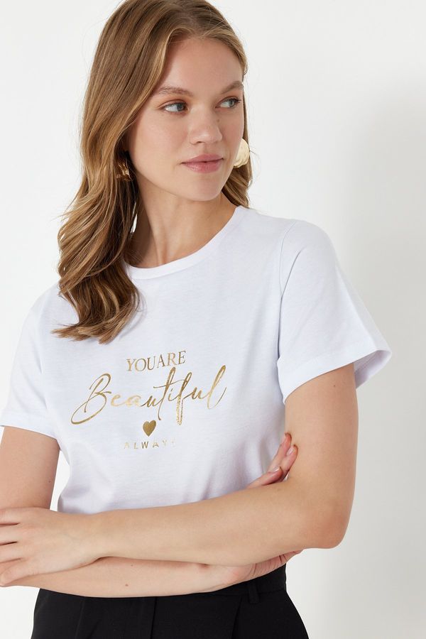 Trendyol Trendyol White 100% Cotton Foil/Glossy Slogan Printed Regular/Normal Pattern Knitted T-Shirt