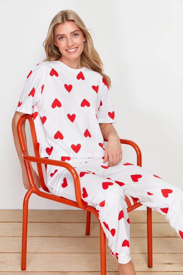 Trendyol Trendyol White 100% Cotton Heart Knitted Pajama Set