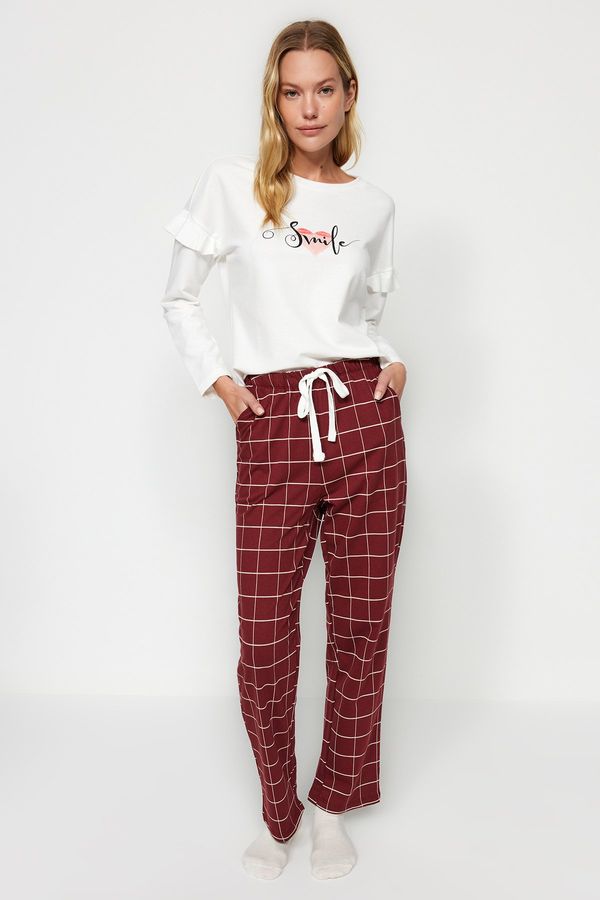 Trendyol Trendyol White 100% Cotton Motto Tshirt-Pants Knitted Pajamas Set