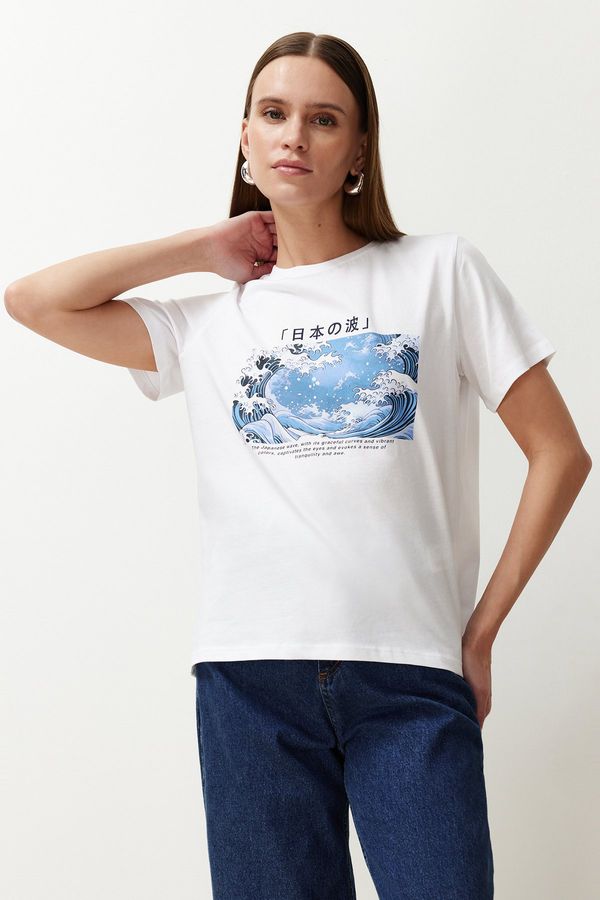 Trendyol Trendyol White 100% Cotton Ocean Print Regular Cut Knitted T-Shirt