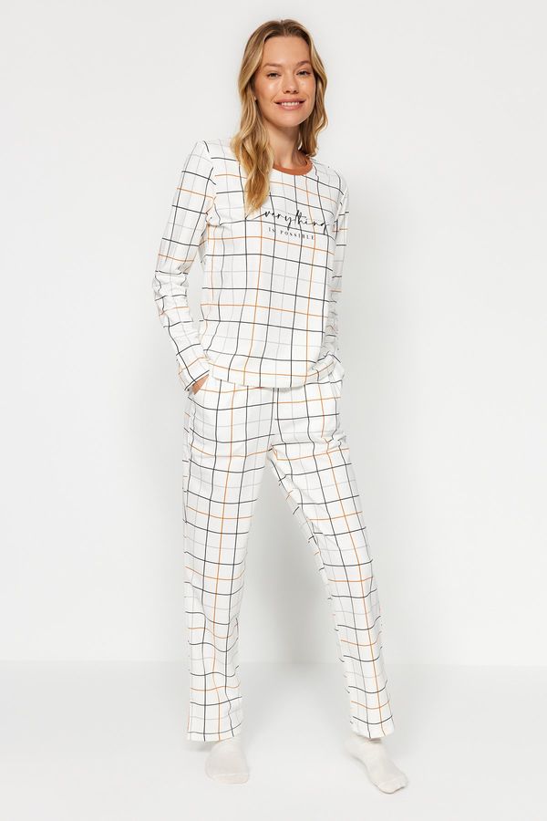 Trendyol Trendyol White 100% Cotton Plaid T-shirt-Pants Knitted Pajama Set