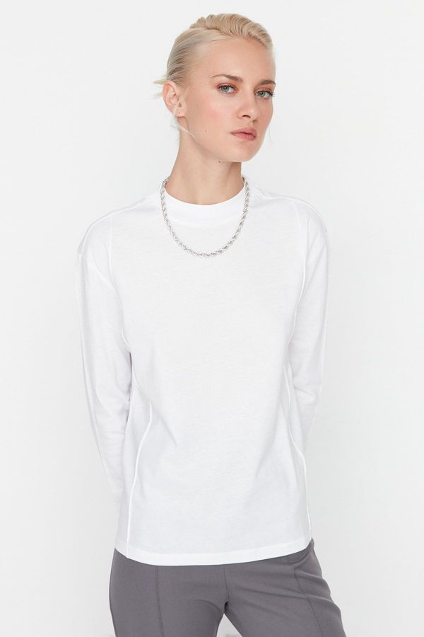 Trendyol Trendyol White 100% Cotton Rib Detail High Neck Basic Knitted T-Shirt