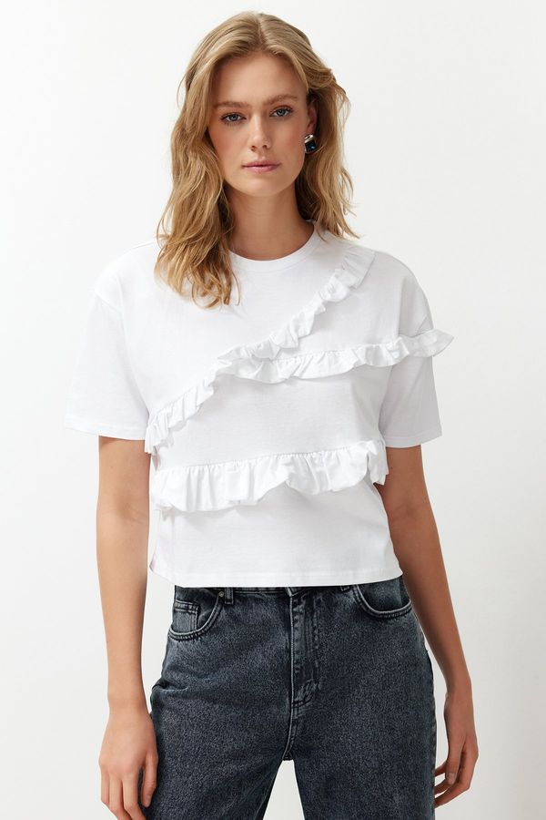 Trendyol Trendyol White 100% Cotton Ruffle Detailed Relaxed/Comfortable Fit Short Sleeve Knitted T-Shirt