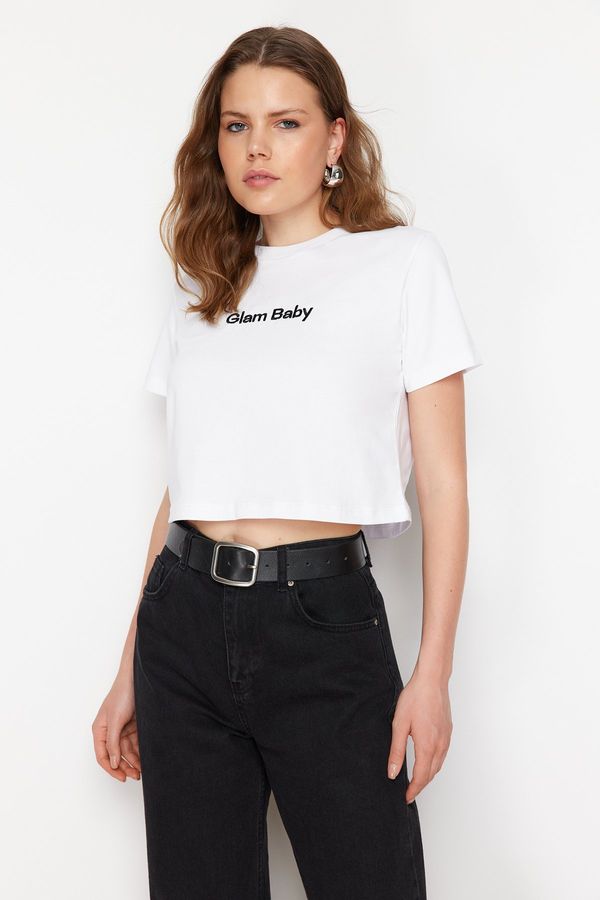 Trendyol Trendyol White 100% Cotton Slogan Printed Regular Crop Knitted T-Shirt