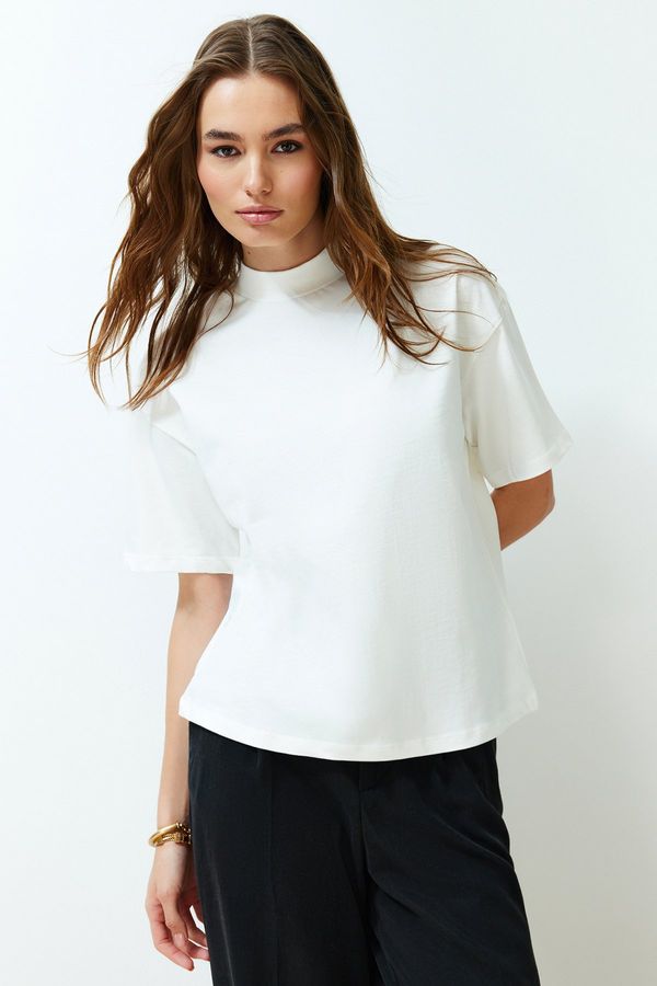 Trendyol Trendyol White 100% Cotton Stand Collar Three Quarter Sleeve Knitted T-Shirt