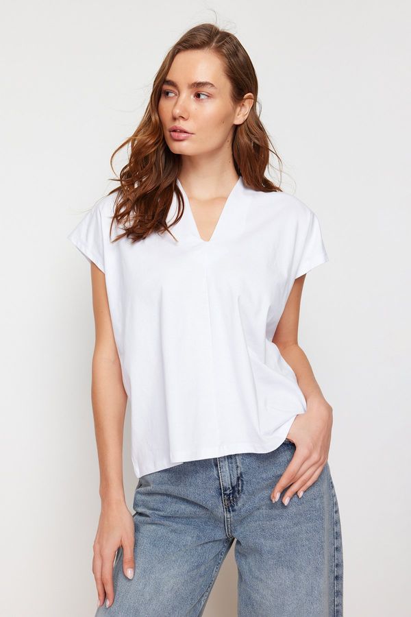 Trendyol Trendyol White 100% Cotton V-neck Moon Sleeve Knitted T-Shirt
