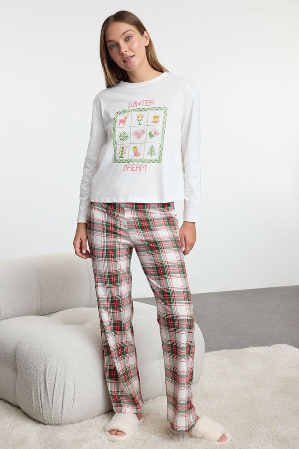 Trendyol Trendyol White 100% Cotton Winter Themed Plaid Knitted Pajama Set