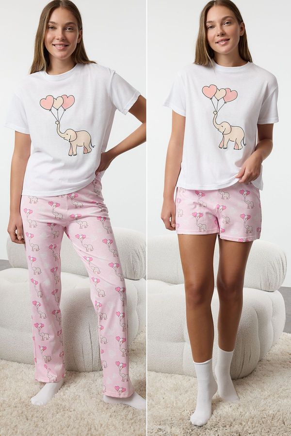 Trendyol Trendyol White 3-Pack 100% Cotton Elephant and Heart Knitted Pajama Set