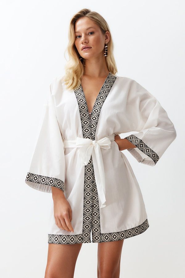 Trendyol Trendyol White Belted Mini Woven Kimono &amp; Kaftan