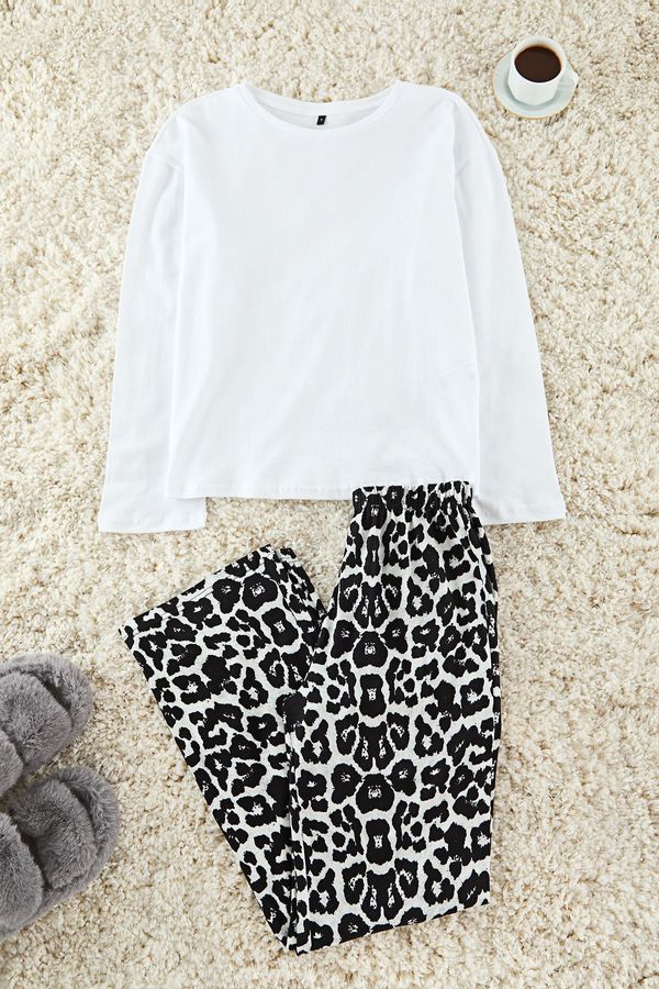 Trendyol Trendyol White-Black 100% Cotton Leopard Patterned Knitted Pajama Set