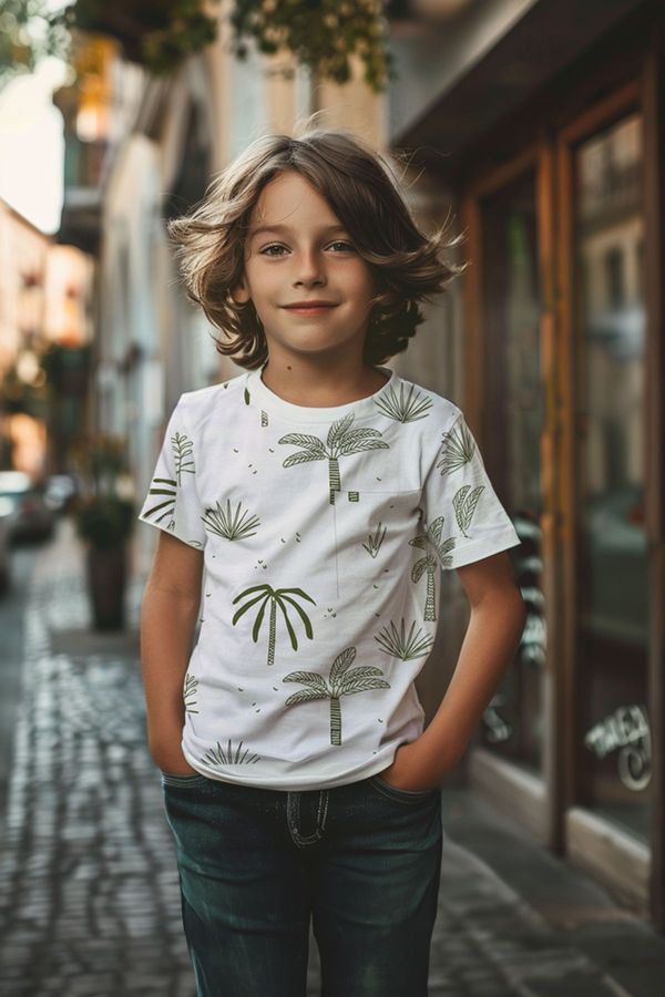 Trendyol Trendyol White Boy Palm Patterned Short Sleeve Cotton Knitted T-Shirt