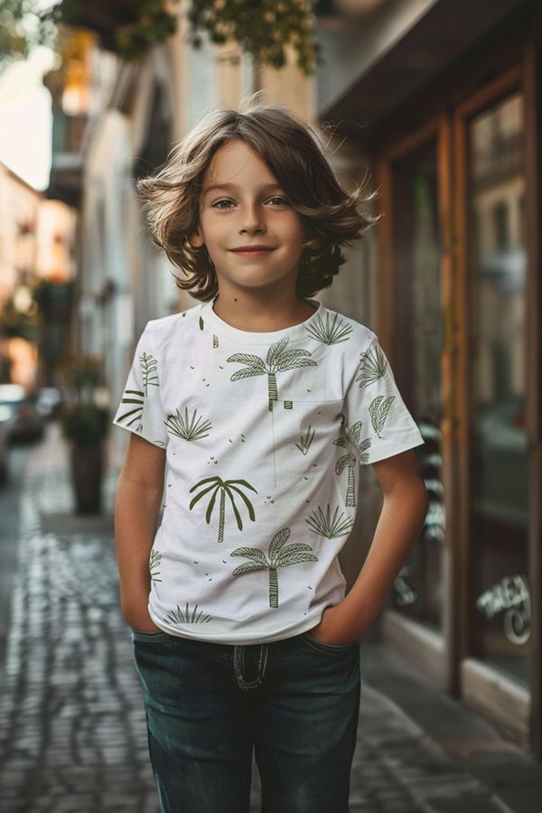 Trendyol Trendyol White Boy's Palm Tree Printed Short Sleeve Knitted T-Shirt