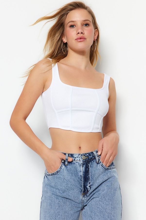 Trendyol Trendyol White Corset Detail Fitted/Simple Crop Square Collar Ribbed Flexible Knitted Bustier