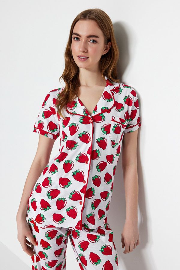 Trendyol Trendyol White Cotton Piping Detailed Strawberry Patterned Shirt-Pants Knitted Pajamas Set