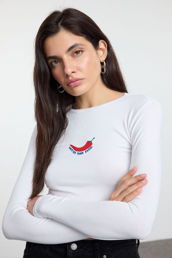 Trendyol Trendyol White Embroidered Premium Viscose Crew Neck Crop Flexible Knitted Blouse