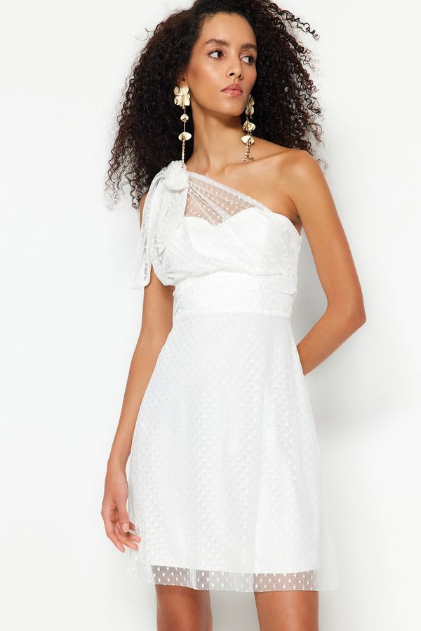 Trendyol Trendyol White Evening Dress with Open Waist/Skater Lined Tulle Wedding/Wedding Elegant Evening Dress