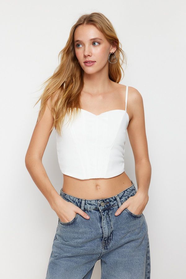 Trendyol Trendyol White Fitted Crop Adjustable Strappy Crepe Knit Bustier