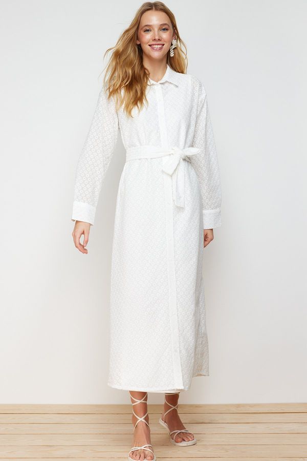 Trendyol Trendyol White Floral Belted Brode Lined Woven Shirt Dress