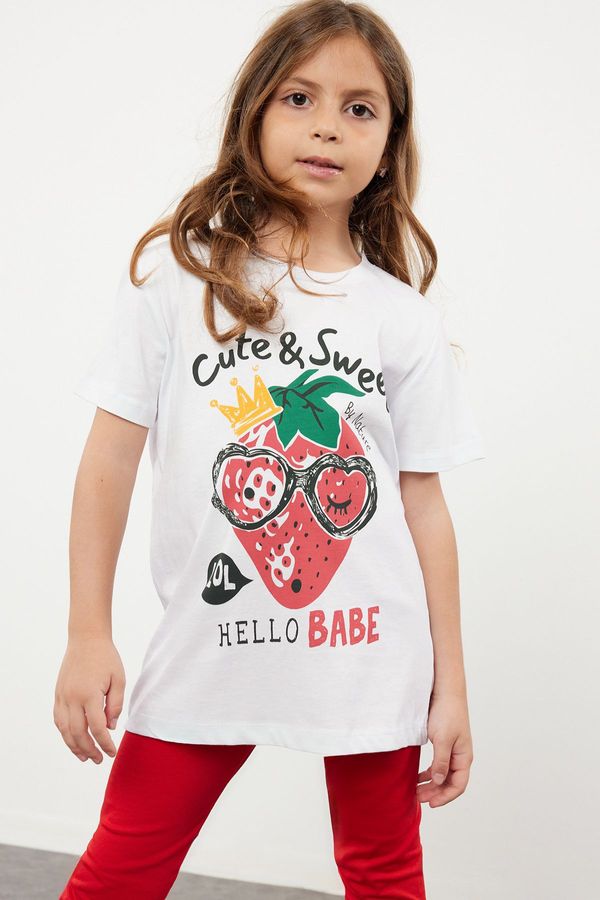 Trendyol Trendyol White Girl's Short Sleeve Strawberry Patterned Crew Neck Knitted T-Shirt