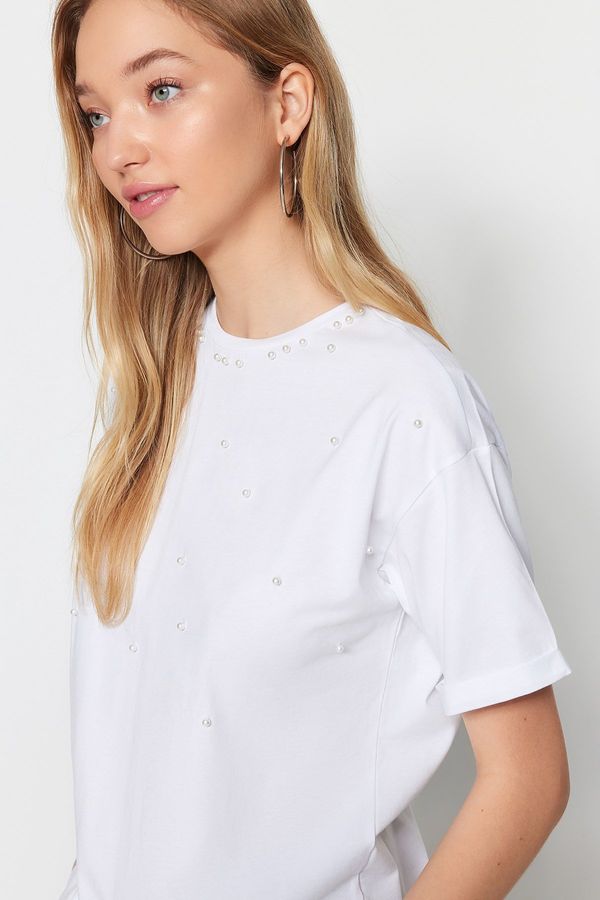 Trendyol Trendyol White Half Sleeve Knitted Pearl Detailed T-shirt