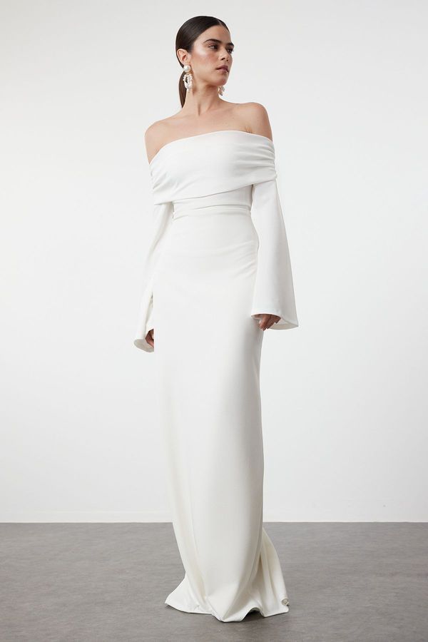 Trendyol Trendyol White Knitted Carmen Collar Long Evening Evening Dress