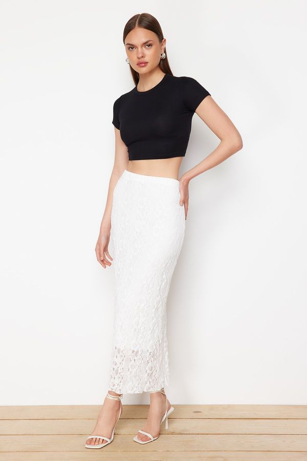 Trendyol Trendyol White Lace Normal Waist Maxi Lined Flexible Knitted Skirt
