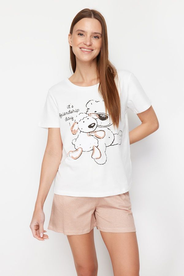 Trendyol Trendyol White-Multi Color Cotton Teddy Bear Printed Knitted Pajamas Set
