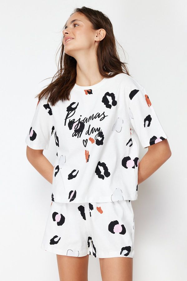 Trendyol Trendyol White-Multicolor 100% Cotton Leopard Patterned Slogan Knitted Pajamas Set