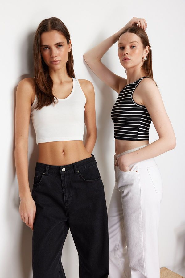 Trendyol Trendyol White-Multicolor 2-Pack Fitted/Fitted Crop Corded Flexible Knitted Athlete