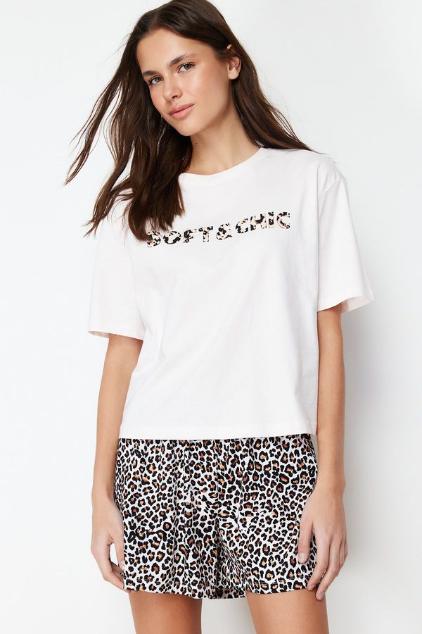 Trendyol Trendyol White-Multicolored 100% Cotton Leopard Patterned Knitted Pajama Set