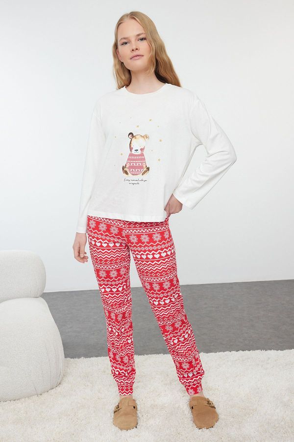 Trendyol Trendyol White-Multicolored 100% Cotton Winter Themed Knitted Pajama Set