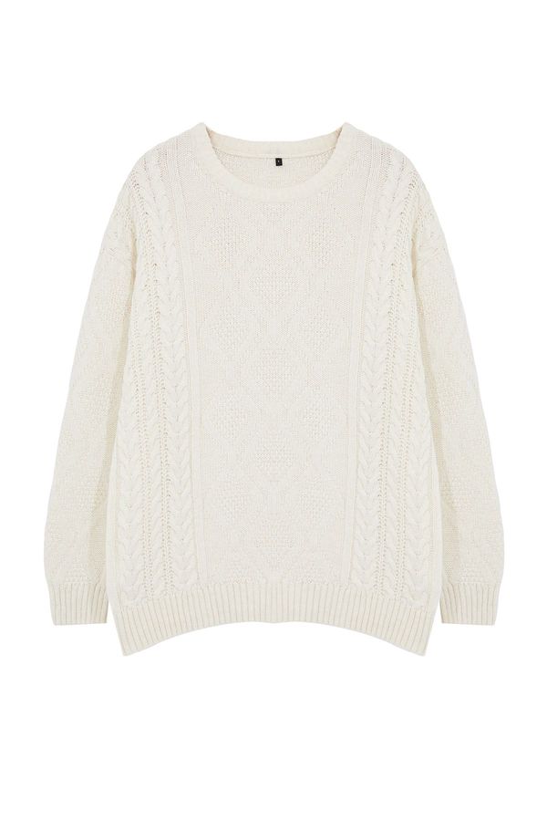 Trendyol Trendyol White Oversize Wide Fit Crew Neck Braided Knitwear Sweater