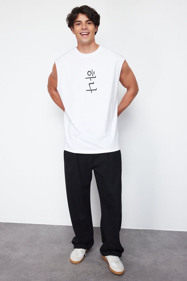 Trendyol Trendyol White Oversize/Wide Cut Far East Text Printed 100% Cotton Sleeveless T-Shirt/Athlete