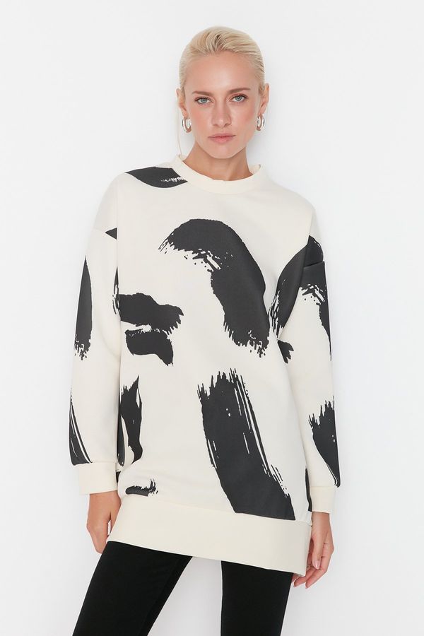 Trendyol Trendyol White Patterned Crewneck Scuba Knitted Sweatshirt