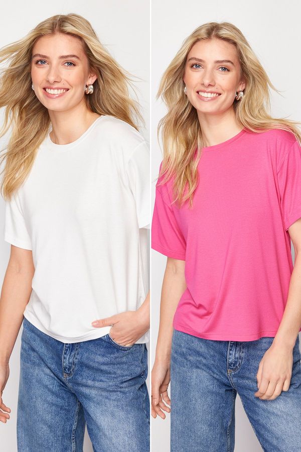 Trendyol Trendyol White-Pink 2 Pack Viscose Short Sleeve Crew Neck Knitted T-Shirt