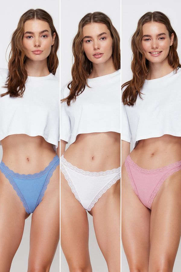 Trendyol Trendyol White-Pink-Blue 3-Pack 100% Cotton Ribbed Lace Detailed String Knitted Panties