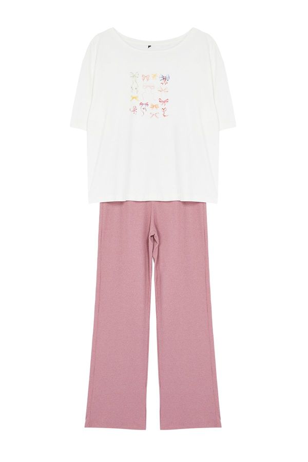 Trendyol Trendyol White-Pink Ribbon/Bow Printed Top Single Jersey Bottom Camisole Knitted Pajama Set