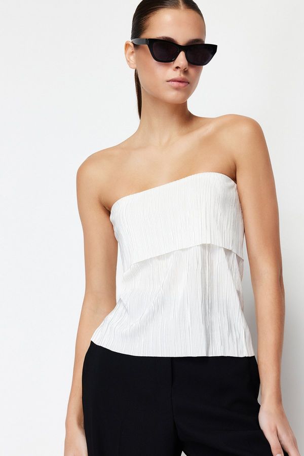 Trendyol Trendyol White Pleated Strapless Regular Stretch Knitted Blouse