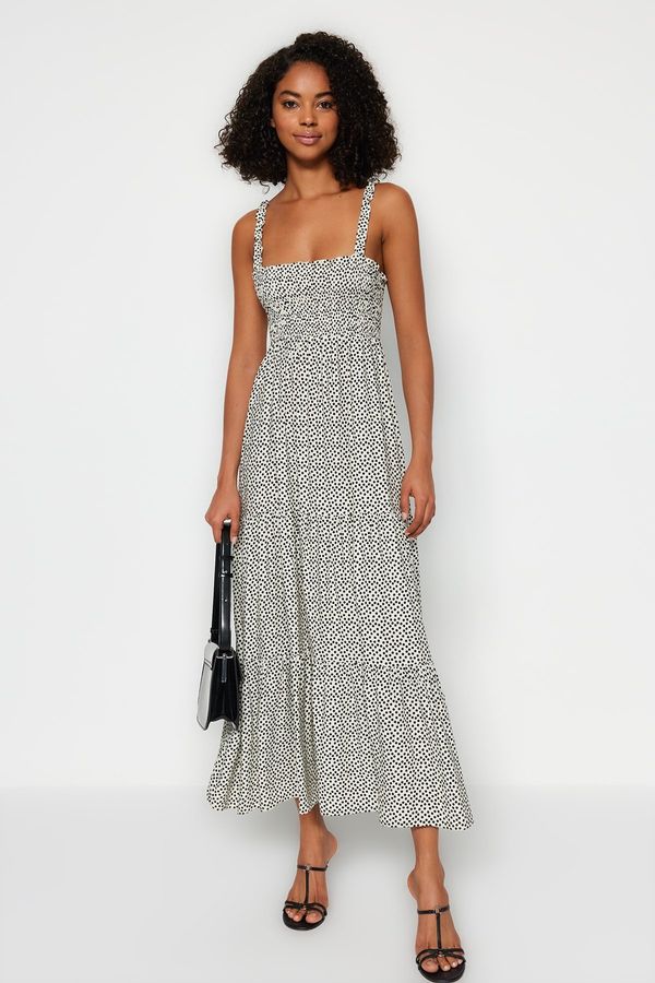 Trendyol Trendyol White Polka Dot Straight Cut Strap Square Neck Gipe Detailed Woven Midi Dress