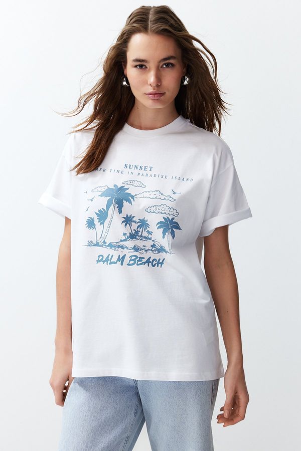 Trendyol Trendyol White Premium Crew Neck Oversize/Wide Cut Landscape Printed Knitted T-Shirt