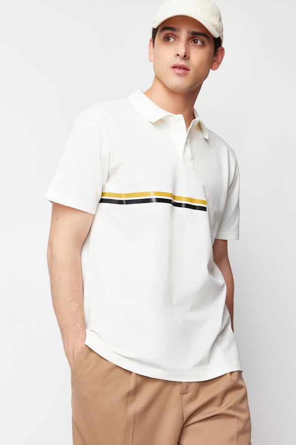 Trendyol Trendyol White Regular Cut Stripe Printed 100% Cotton Polo Neck T-shirt