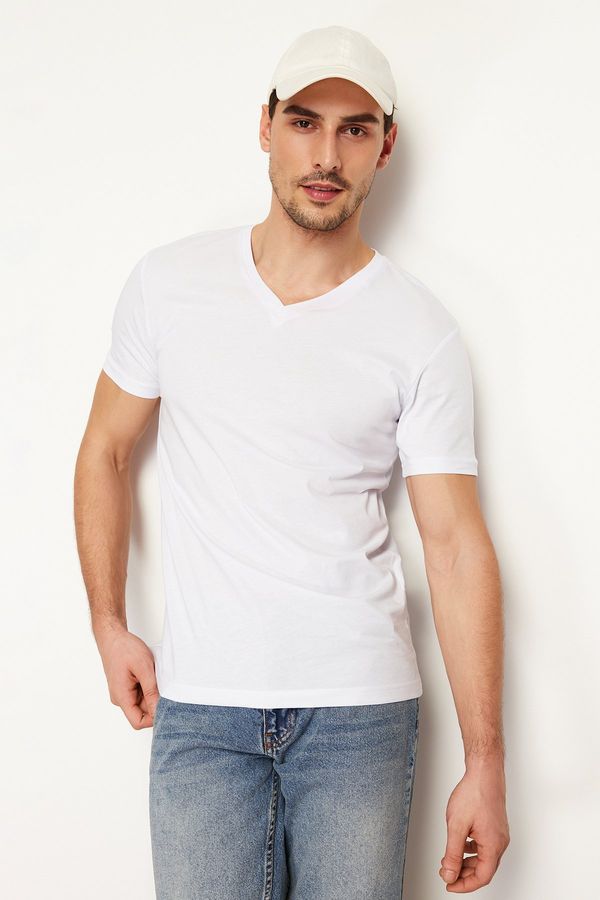 Trendyol Trendyol White Regular/Normal Fit V-Neck Basic 100% Cotton T-Shirt